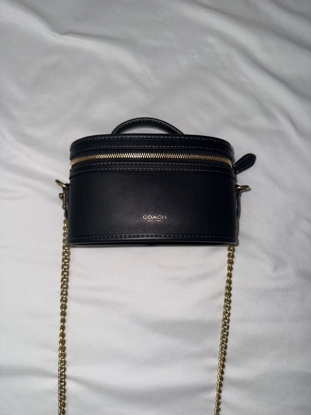 COACH Black Leather Mini Vanity Crossbody with Gold Chain